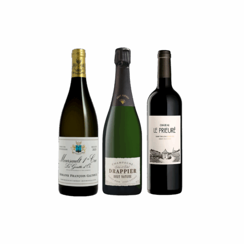 Coffret de trois vins français : Meursault Clos des Meix Chavaux, Champagne Brut Nature Drappier et Saint-Émilion Château Le Prieuré, idéal pour offrir ou déguster.