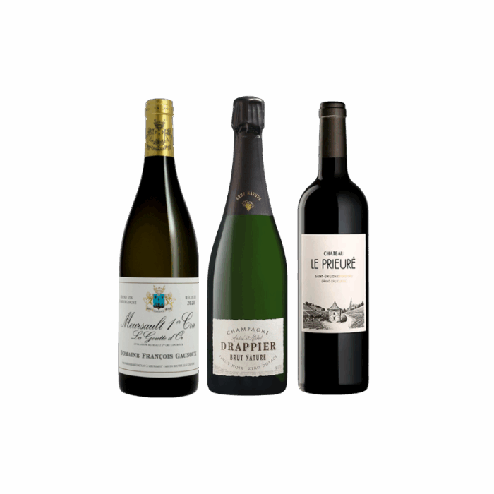 Coffret de trois vins français : Meursault Clos des Meix Chavaux, Champagne Brut Nature Drappier et Saint-Émilion Château Le Prieuré, idéal pour offrir ou déguster.